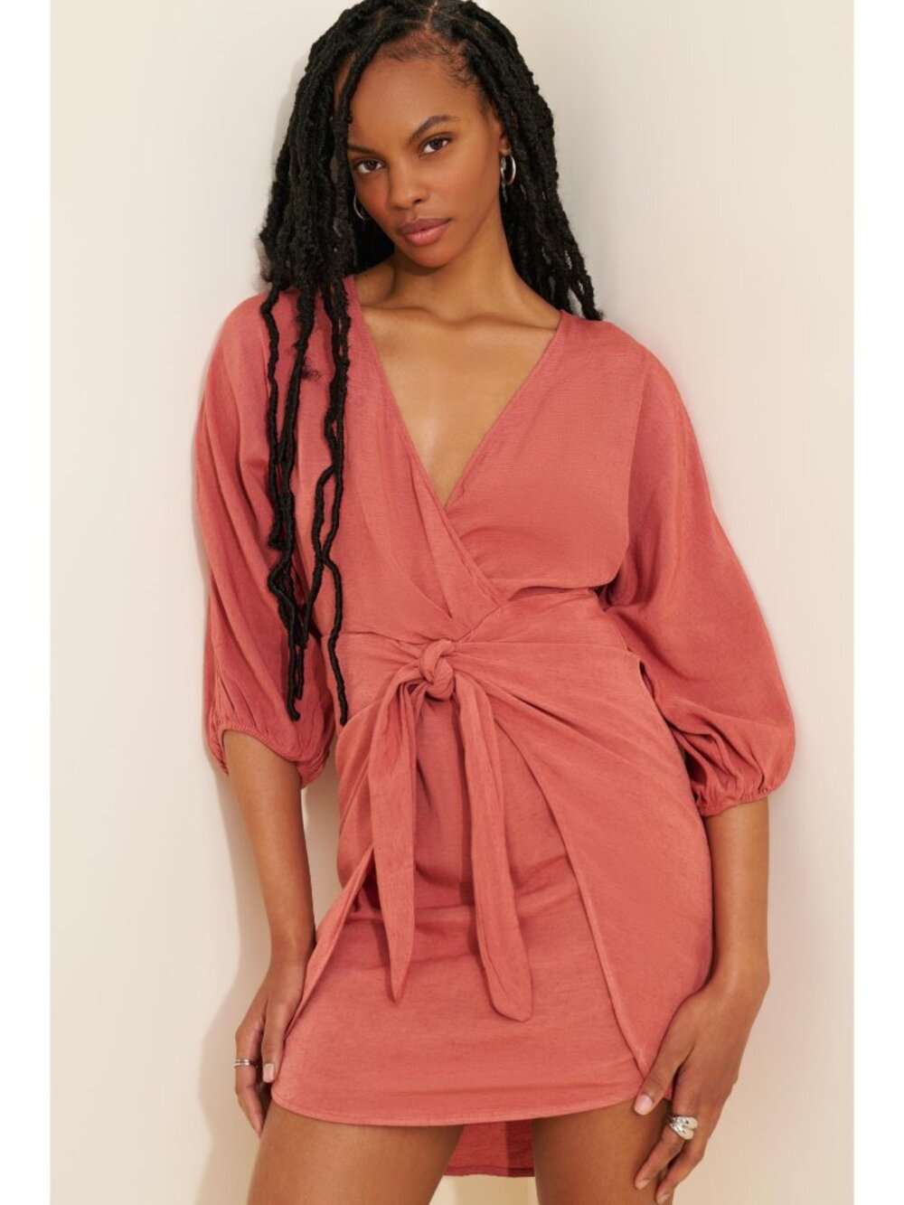 By Anthropologie Coral Pink Wrap Mini Dress Size 00 - Picture 8 of 8